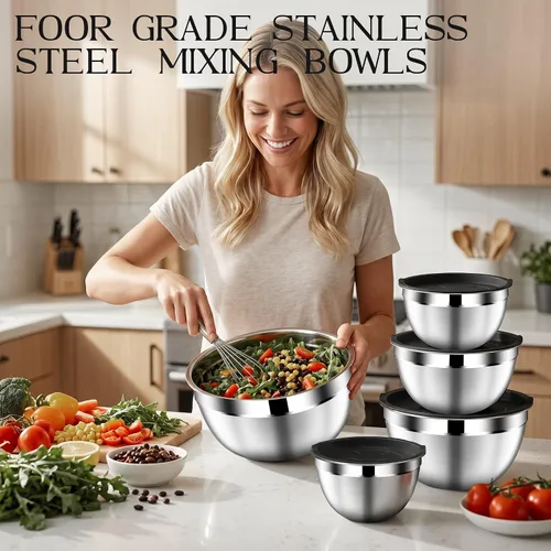 Vista 7 de DUTZUN Stainless Steel Mixing Bowls with Airtight Lids Set of 5, Black Best Kitchen Gifts for Mixing, Baking, Prep, Salads, Serving, Cooking