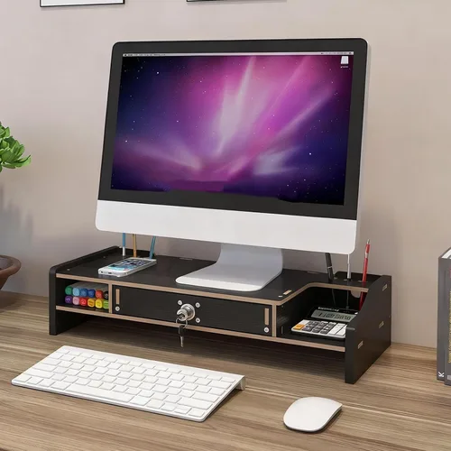 Vista 5 de Monitor Riser Wooden Desktop Organizer Shelf Black