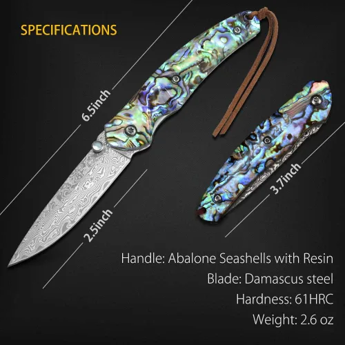 Vista 6 de NedFoss Cuchillo de bolsillo, cuchillo de bolsillo de damasco con mango de concha de abulón, cuchillo plegable de acero de Damasco forjado hecho a