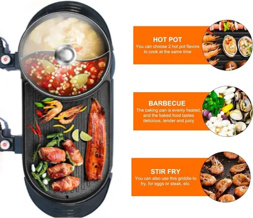 Vista 6 de Olla caliente de 27" con parrilla, parrilla eléctrica de barbacoa coreana de 2200W antiadherente para 2-12 personas, control de temperatura dual