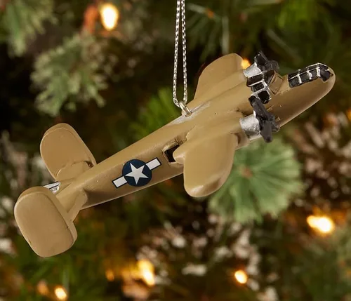 Vista 3 de Adorno navideño de avión B-25 Crafted from Resin & Marble, 3.5" Wingspan, Silver Ribbon, Highly Collectable