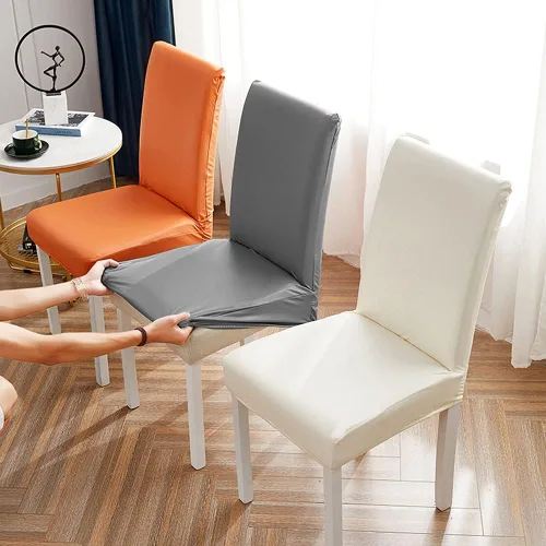 Vista 2 de Shukii Fundas elásticas para sillas de comedor, impermeables, de piel sintética, fundas protectoras universales para sillas de comedor, cocina Beige