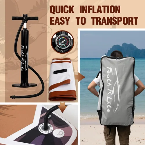 Vista 8 de FEATH-R-LITE Tabla de remo inflable para adultos SUP con bomba de accesorios premium, pala ajustable, correa, tres aletas, mochila
