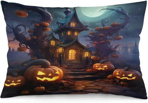 Vista 23 de Fundas de almohada frescas de casa embrujada, castillo, luna, bosque medieval, calabaza, fundas de almohada rectangulares con cremallera invisible