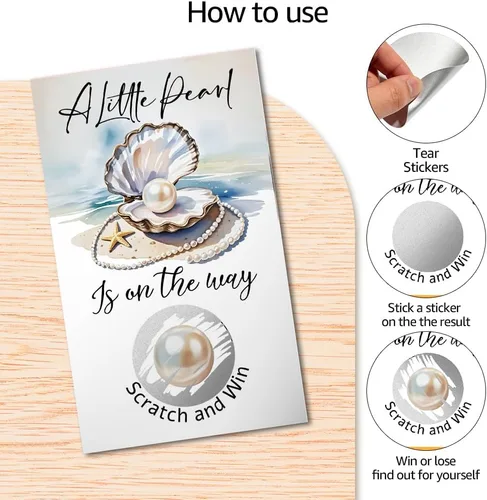 Vista 3 de TOUNER Juego de 50 piezas de A Little Pearl is On The Way Silver Scratch Off, revelar diseño de perlas, boletos de rifa temática de baby shower