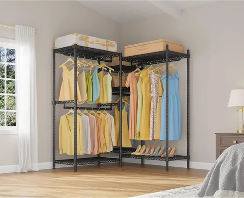 Vista 8 de VIPEK L6 - Perchero resistente para ropa de forma L, estante de ropa de 5 niveles con alambre, estante de ropa independiente con 7 estantes
