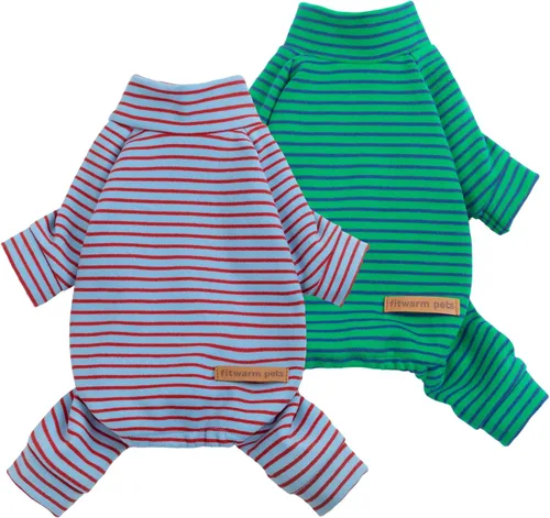 Vista 12 de Fitwarm Paquete de 2 pijamas de forro polar a rayas, ropa cálida de invierno para perros pequeños, niños y niñas, mameluco ligero para mascotas