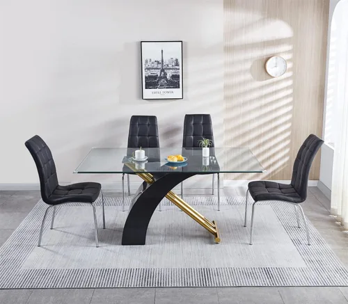 Vista 4 de Mesa de comedor moderna de cristal para 6, mesa rectangular de cocina de 63 pulgadas con mesa de vidrio templado y base de pedestal de madera, base