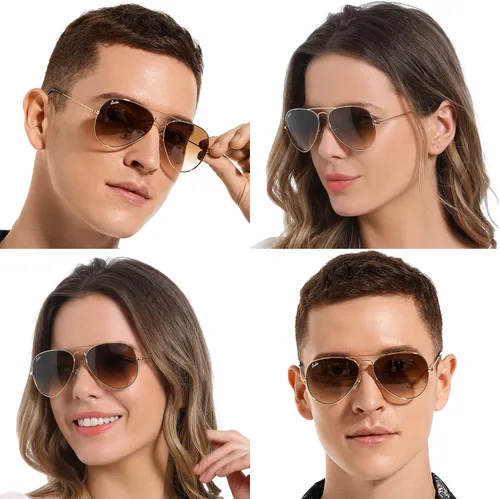 Vista 2 de Berikin Gafas de sol clásicas estilo aviador para hombres y mujeres, 100% protección UV400, lentes de cristal degradado marrón, marco de metal dorado