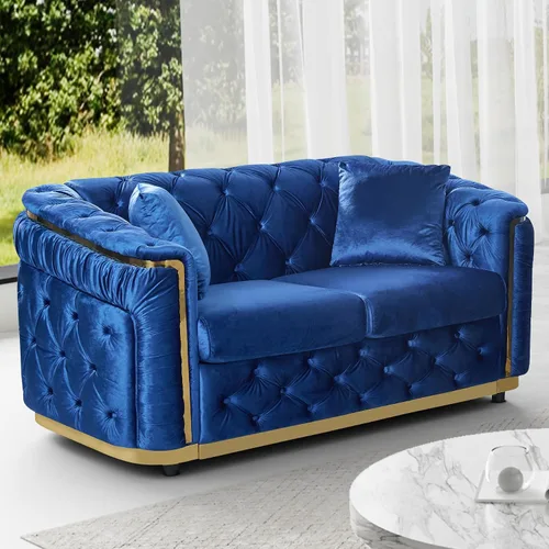 Vista 14 de Sofá Chesterfield de terciopelo de 62.5 pulgadas con respaldo copetudo y detalles dorados, beige Blanco
