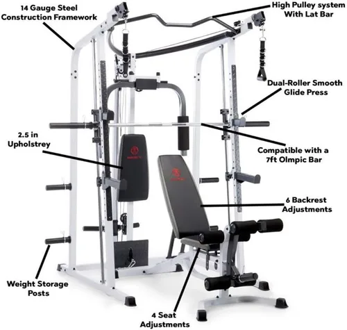 Vista 5 de Marcy Smith Cage Workout Machine Full Body StrengthTraining Home Gym Equipment System with Leg Developer, Press Bar, PEC Deck, and Squat Rack