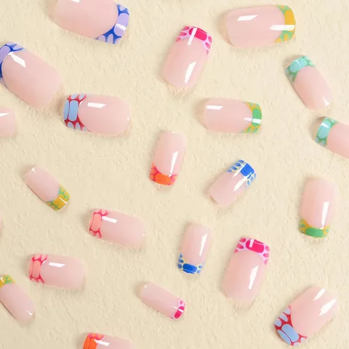 Vista 2 de MISUD Uñas Postizas Cortas Cuadradas - Uñas con Pegamento de Verano Colorido, Diseño de Arcoíris de Cocodrilo Acrílicas 24 piezas