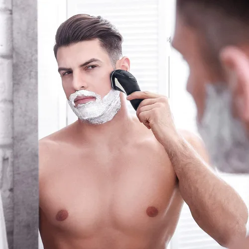 Vista 5 de Hatteker - Máquina de afeitar eléctrica rotativa para hombre, con rasuradora y recortadora de barba, inalámbrica, recortador de patillas, resistente