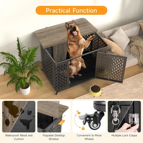 Vista 4 de ONBRILL Mueble resistente para perros grandes y medianos, jaula grande para perros con tapa abatible, cojín y ruedas, jaula para mascotas a prueba