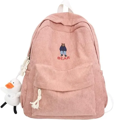 Vista 3 de YUESUO Mochila grande de pana Kawaii con bonito colgante de oso vintage para niña, estudiante, mochila escolar, Beige, Classic