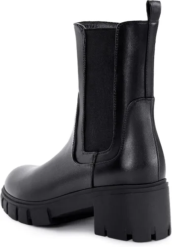 Vista 5 de Athlefit Botas Chelsea de plataforma a media pantorrilla para mujer, suela de lengüeta, tacón grueso, botines de cuero elástico