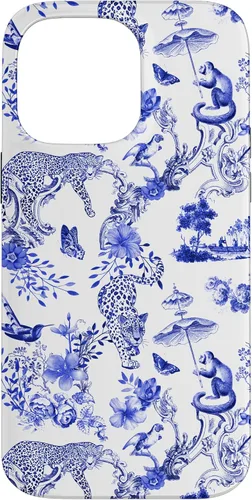 Vista 21 de French Blue Toile Chinoiserie with Flowers, Monkey, Leopards Case for iPhone 17