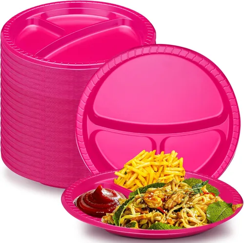 Vista 15 de Umigy 100 platos de plástico divididos de 10 pulgadas, 3 compartimentos, a granel, colorido, desechable, resistente, vajilla redonda para San Negro