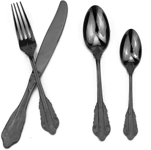 Vista 2 de JASHII Juego de cubiertos negros de 4 piezas, pulido con espejo, cubiertos de acero inoxidable para 1, patrón elegante único, apto para lavavajillas