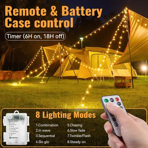 Vista 5 de 100 LEDs 33 pies, cadena de luces, funciona con pilas, guirnalda de luces WERTIOO con control remoto interior/exterior para recámara, Navidad