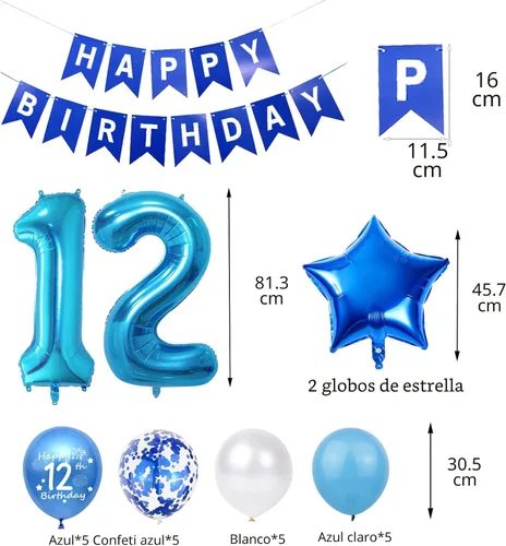 Vista 4 de Decoraciones de fiesta de cumpleaños número 12 azul para niñas, pancarta de cumpleaños número 12, globos de papel de aluminio de cumpleaños azul