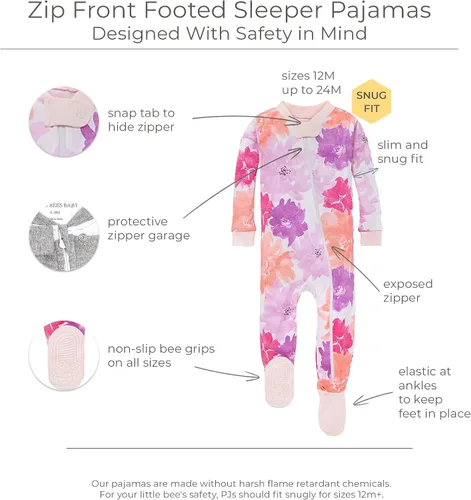 Vista 83 de Burt's Bees Baby Pijama para bebé niña, 100% algodón orgánico, pijama de una pieza, overol diagonal con cremallera, ajuste cómodo