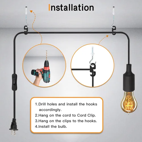 Vista 4 de Enchufe de cable de luz colgante de 15 pies, enchufe de lámpara colgante E26 con interruptor de encendido y apagado, base E27, cable de extensión
