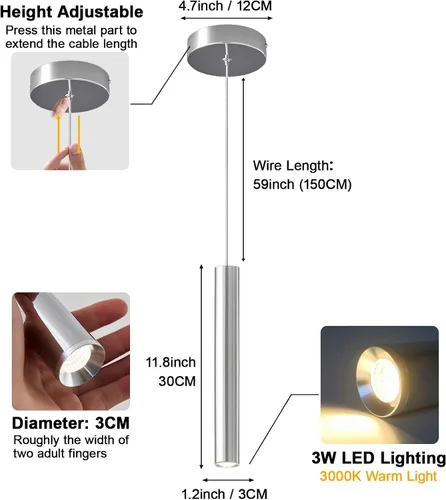 Vista 3 de Modernas lámparas colgantes LED cromadas de tubo largo, paquete de 2 lámparas colgantes para dormitorio, comedor, bar, cocina, isla, luz colgante