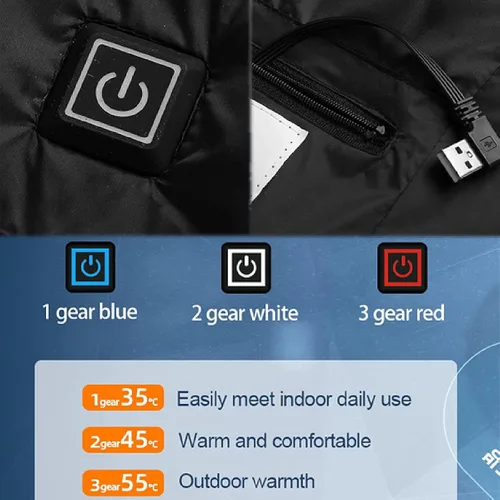 Vista 3 de Chaqueta térmica para invierno, ligera, con calefacción eléctrica USB, con capucha desmontable, 11 zonas con calefacción