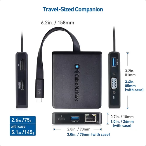 Vista 7 de Cable Matters Concentrador USB C 7 en 1 con triple pantalla (HDMI, DisplayPort, VGA), 2 USB 3.0, Gigabit Ethernet, carga de 100 W - Thunderbolt