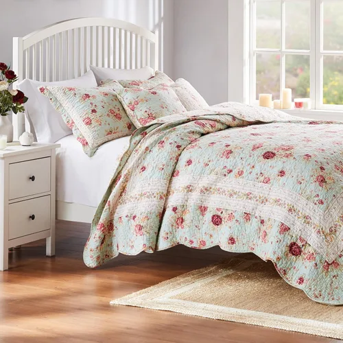 Vista 16 de Greenland Home juegos de edredón con diseño de rosas antiguas de 100% algodón de calidad hereditaria, 2 piezas, tamaño individual/XL, azul