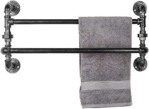 Vista 3 de Toallero para toallas, toallero retro con doble toallero, estante de ducha montado en la pared, estilo industrial, tubería de hierro, estantes
