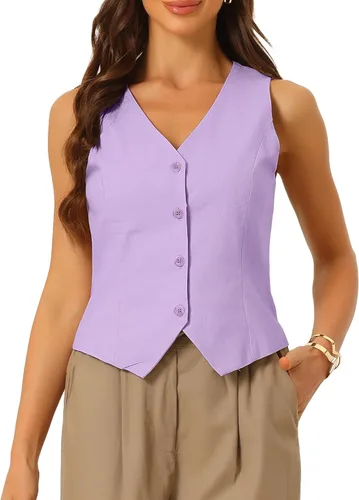 Vista 6 de Allegra K Chaleco para mujer, de verano, algodón, lino, sin mangas, con botones, cuello en V, totalmente forrado, chalecos recortados Negro