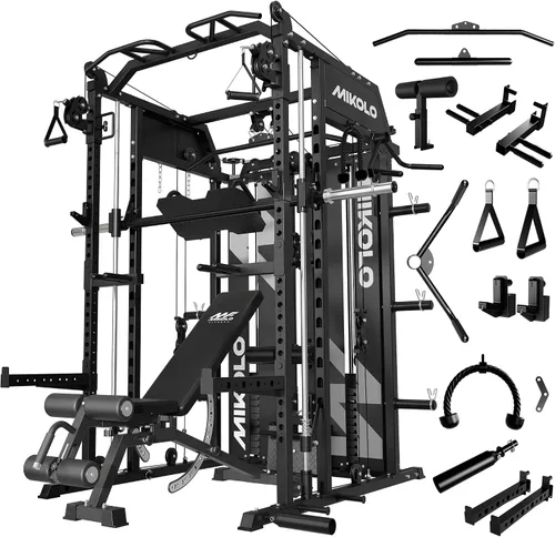 Vista 16 de Mikolo - Máquina Smith con pila de pesas, sistema de gimnasio en casa tipo jaula de potencia con tracción LAT y cruce de cable, entrenador