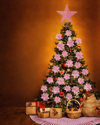 Vista 6 de Decoración de árbol de Navidad con purpurina de 6 pulgadas, estrella de Navidad de metal de 31.5 pulgadas, falda de árbol de Navidad con purpurina