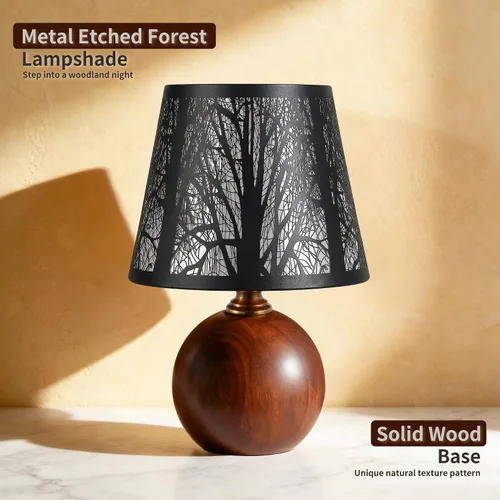 Vista 2 de Lámpara de mesa pequeña de bosque rústico de 11.4 pulgadas, base de madera maciza y pantalla de árbol de metal con lámpara de noche regulable de 3