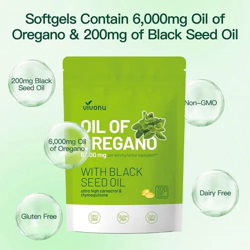 Vista 4 de VivoNu Aceite de orégano con aceite de semilla negra, aceite equilibrado de cápsulas de orégano, cápsulas blandas de aceite de orégano orgánico, sin