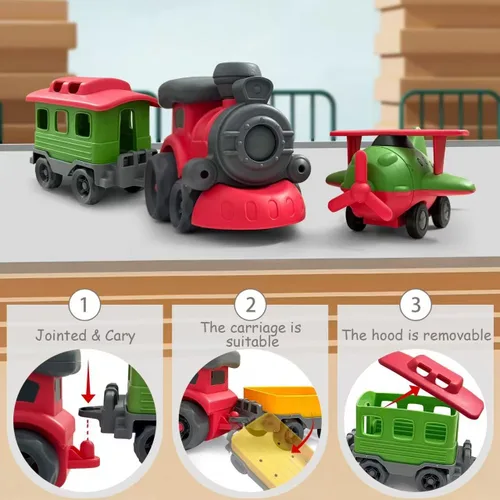 Vista 3 de Juego de Tren de Juguete de Navidad para Niños Pequeños de 3-5 Años, Juguetes de Tren Pequeños Locomotora con Vagón de Avión Conjunto de Tren Bajo