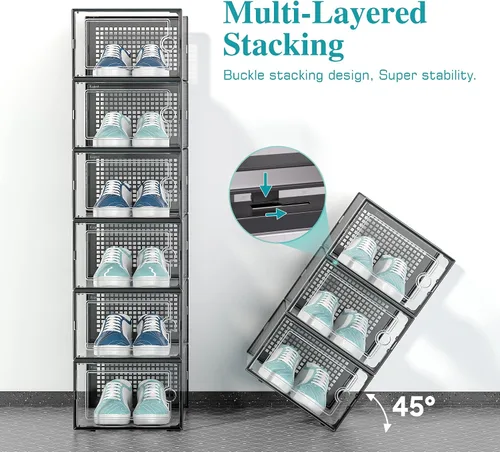 Vista 3 de Kuject Cajas grandes de almacenamiento de organizadores de zapatos para armario, paquete de 12 contenedores apilables de plástico transparente