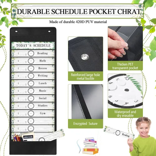 Vista 2 de Tatuo Tabla de bolsillo diario para el aula con tarjetas reutilizables y 14 bolsillos, suministros de aula de granja, tablas de horarios