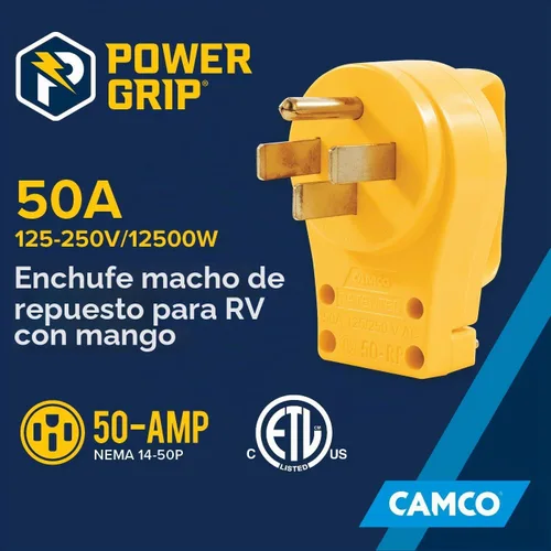 Vista 2 de Camco Power Grip - Enchufe de repuesto de 50 amperios - La cabeza se fija al cable de extensión existente de RV - Cuenta con enchufe RV de 50