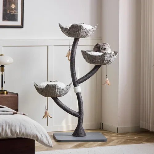 Vista 7 de Torre de árbol gris moderno de 52 pulgadas de alto para gatos grandes, postes rascadores para gatos con cestas tejidas a mano Condominio de lujo
