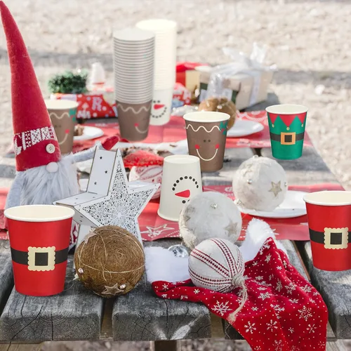 Vista 4 de Funtery 100 piezas de vasos de papel de Navidad, vasos de café desechables de Navidad con copos de nieve, muñeco de nieve, alce, luces, 9 onzas