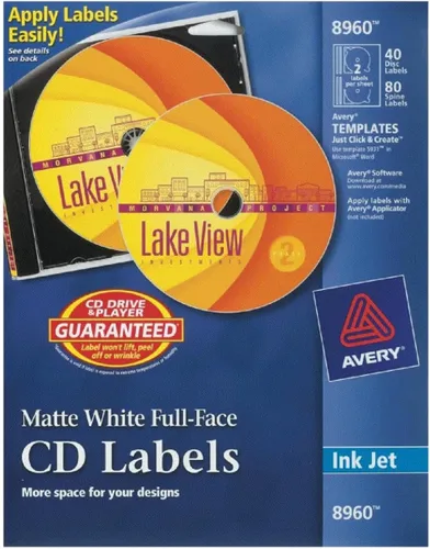 Vista 2 de Avery Etiquetas de CD imprimibles de cara completa, blanco mate, adhesivo permanente, imprimible con láser/inyección de tinta, 40 discos y 80