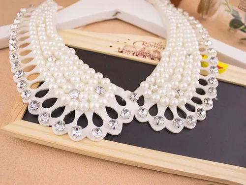Vista 3 de Blusa desmontable collar falso ahueca hacia fuera perla Rhinestone falso collar gargantilla Peter Pan