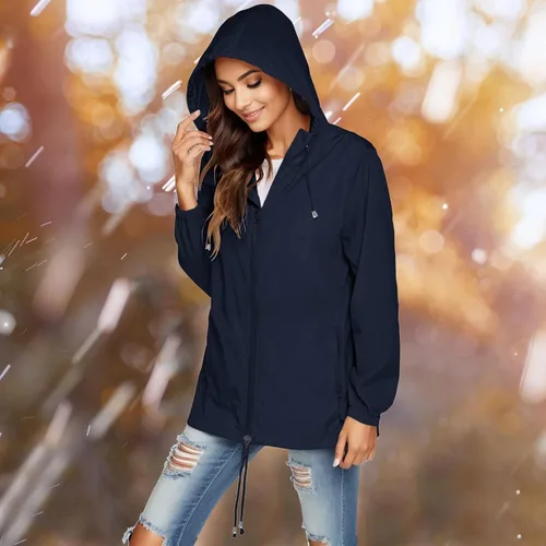 Vista 5 de Chaqueta de lluvia ligera con capucha para mujer, cremallera completa, resistente al viento, cálida, impermeable, rompevientos, deportiva, abrigo