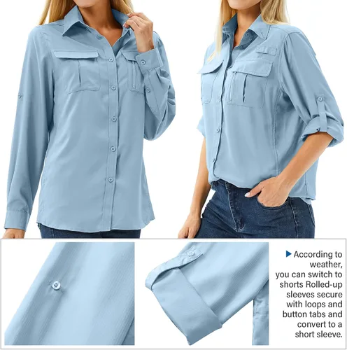Vista 4 de Camisas de protección solar de manga larga UPF 50 para mujer, safari, pesca, senderismo