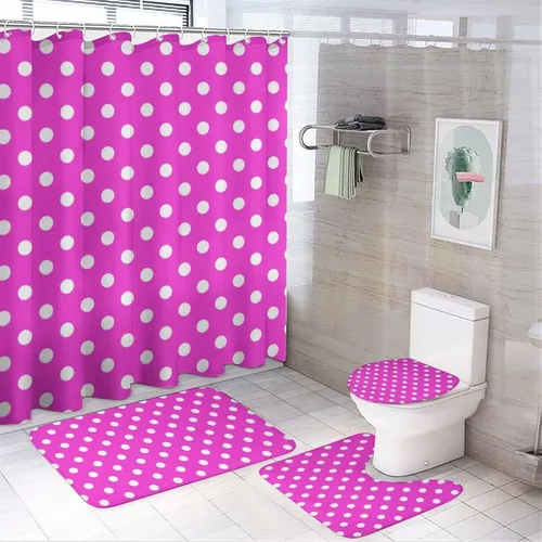 Vista 24 de Juego de 3 alfombras de baño con diseño de lunares, color azul aguamarina, antideslizante, con contorno en forma de U y tapa de inodoro