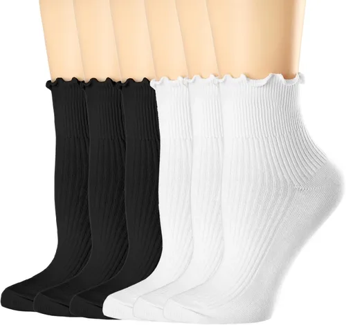 Vista 11 de Mcool Mary Calcetines con volantes para mujer, lindos calcetines de tobillo cálidos de invierno, de algodón de punto ondulado, paquete de 6 1 verde