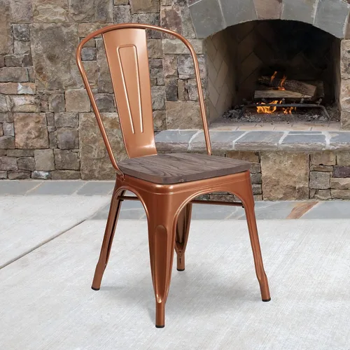 Vista 2 de Flash Furniture Tenley Silla apilable de metal de cobre con asiento de madera